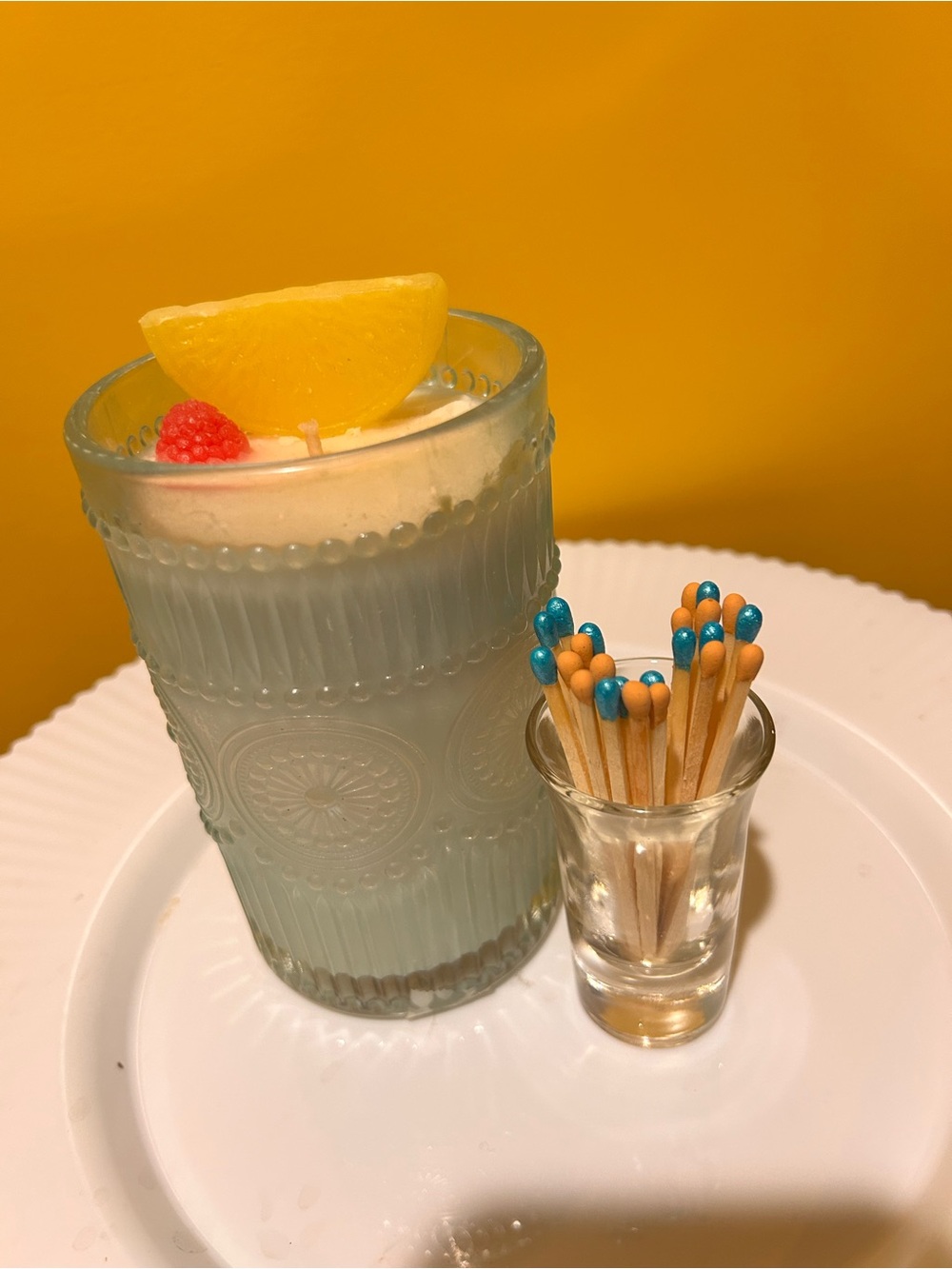 Hand poured tropical pina colada cocktail candle w colored tipped matches holder